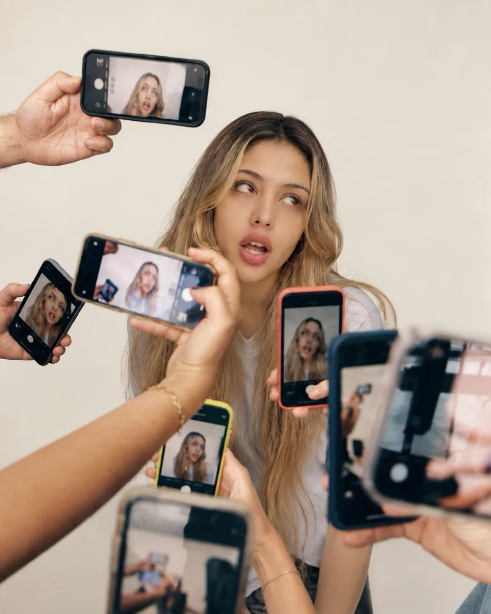 One subject ringed by phone screens, every camera filming her at once